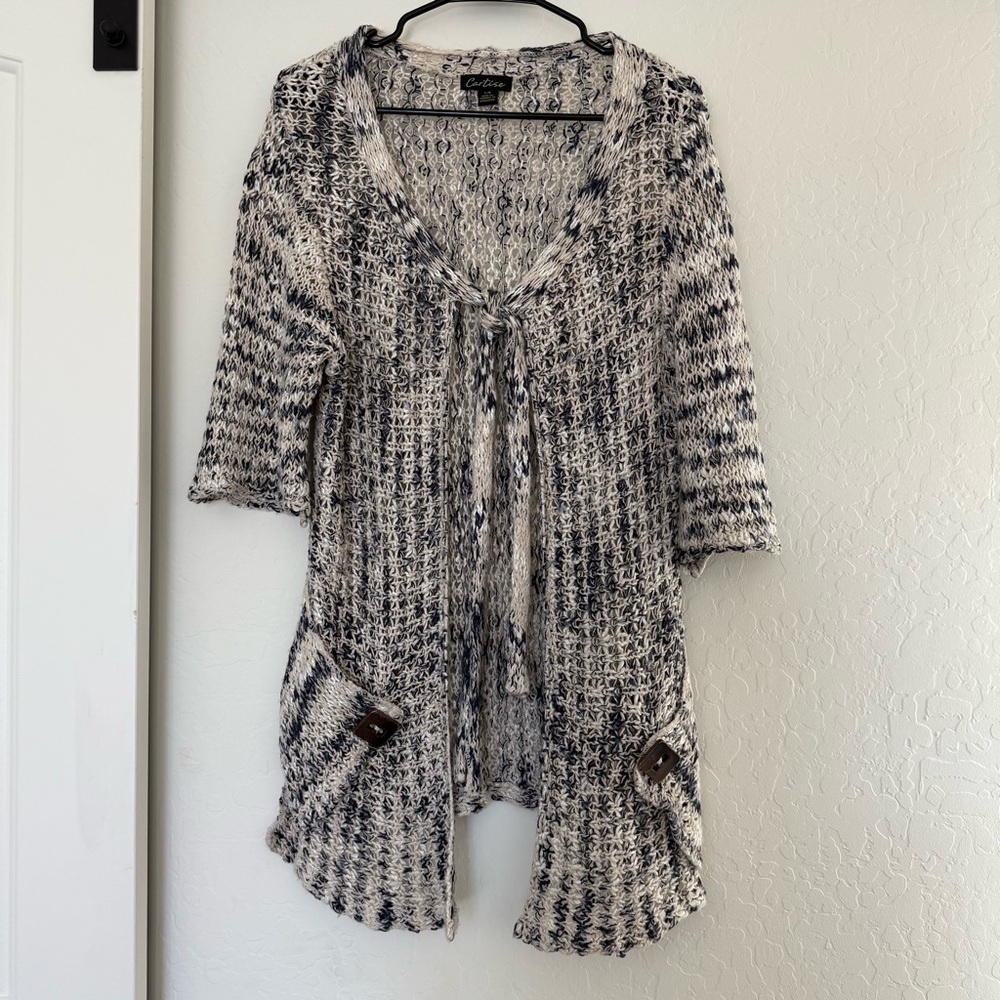 Vintage Y2K Cartise Knit Cardigan Tie Front Open Sweater Blue Fall Outerwear L